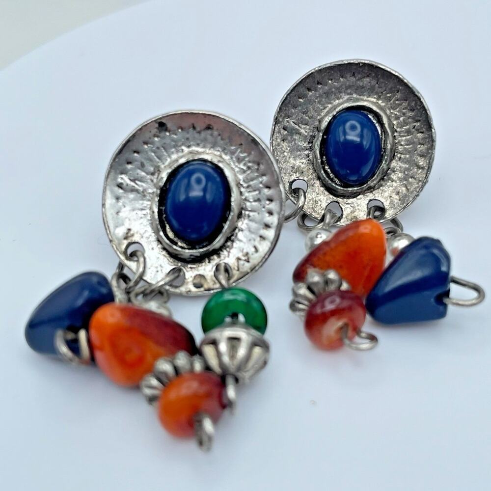 Vintage 80s Silver Tone Stone Dangle Earrings Boho Women's Classic Jewelry Y2K